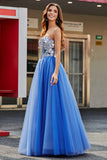 Royal Blue A-Line Sweetheart Broken Mirrors Stroppeløs korsett Long Prom Dress