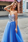 Royal Blue A-Line Sweetheart Broken Mirrors Stroppeløs korsett Long Prom Dress