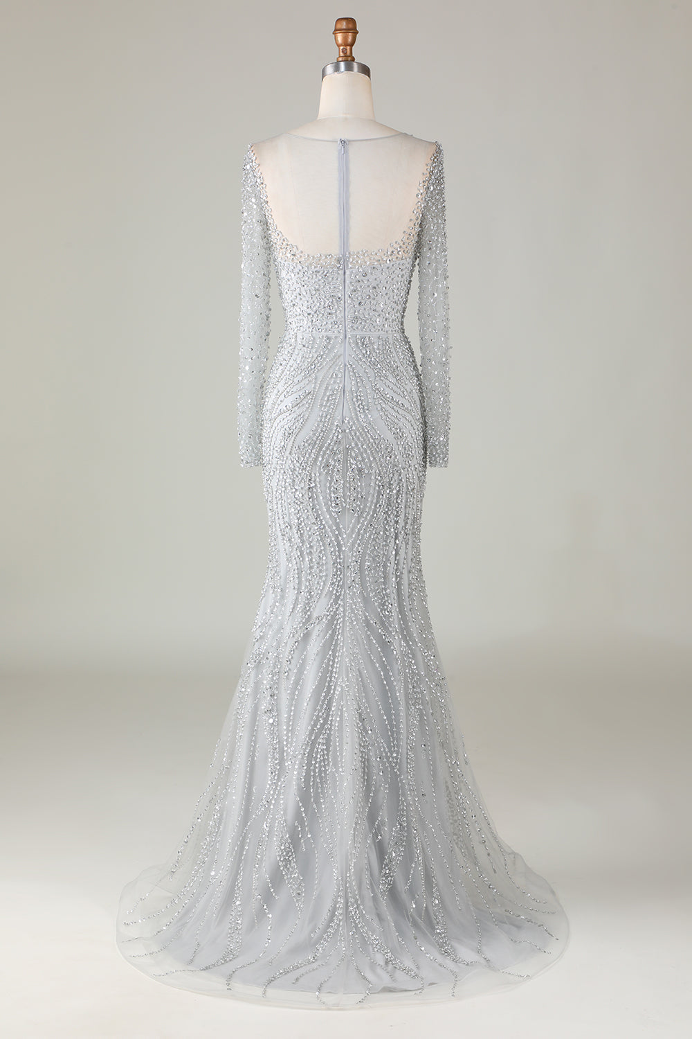 Nydelig glitrende grå beaded havfrue lang ballkjole