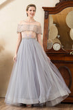 Grey Tulle En linje Beaded Glitter Mor brud kjole