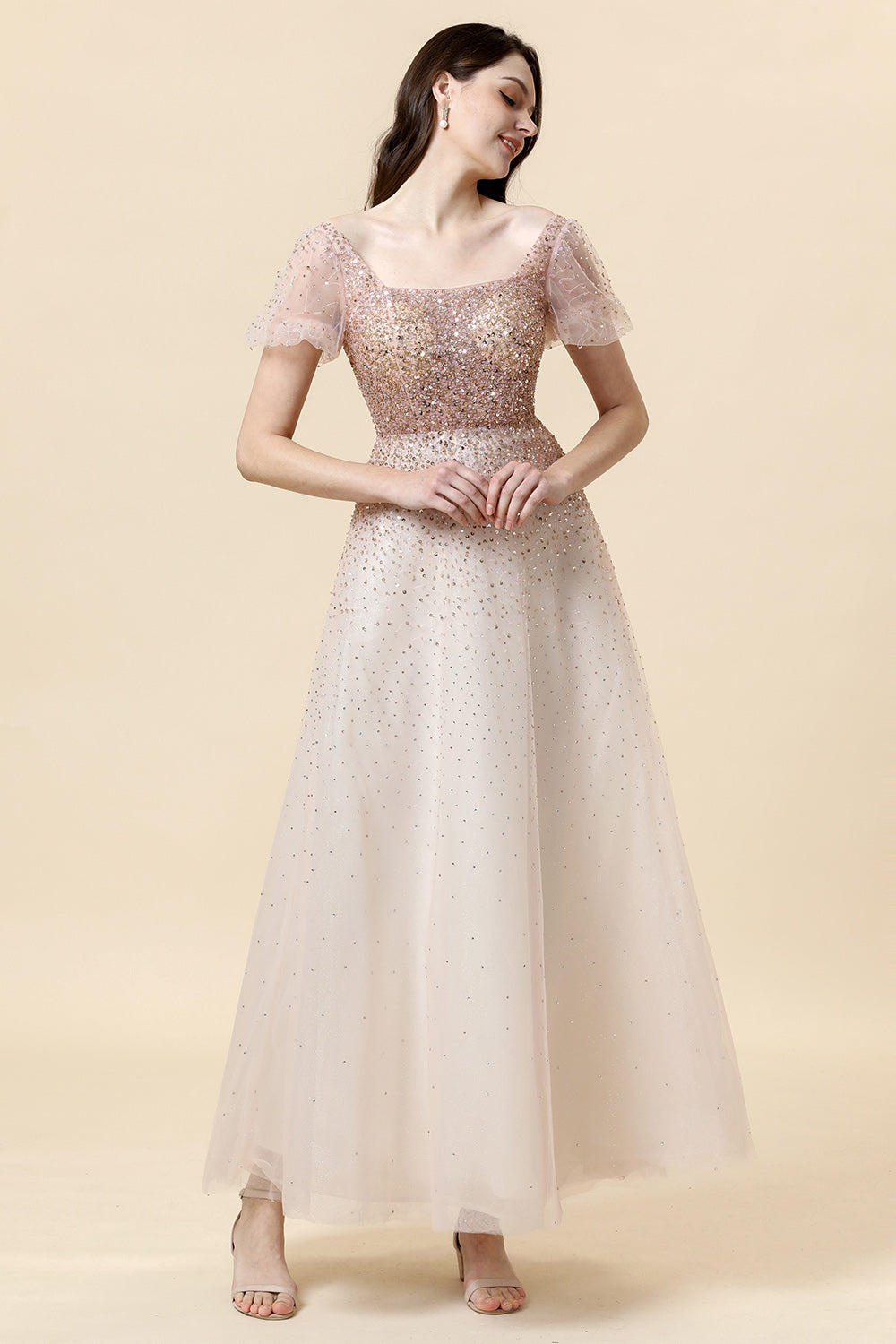 A Line Square Neck Blush Beading Long Formal Dress