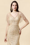 Havfrue V Neck Golden Beaded Long Foraml Kjole