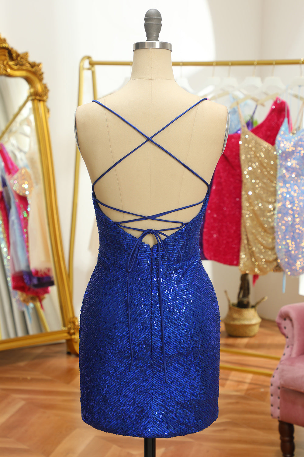 blå paljetter tight backless kort homecoming kjole