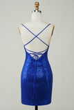 Sparkly Bodycon Spaghetti stropper Royal Blue Sequins Kort Homecoming kjole