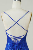 Sparkly Bodycon Spaghetti stropper Royal Blue Sequins Kort Homecoming kjole
