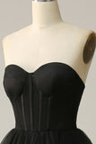 A Line Sweetheart Black Corset Prom Dress med Ruffled