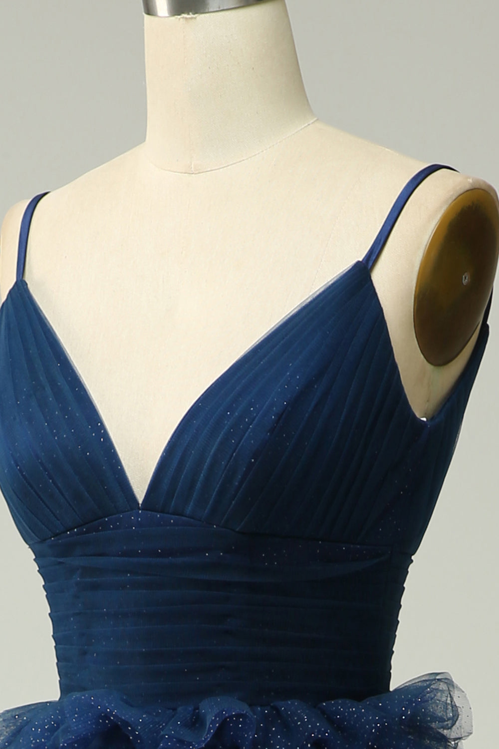 A Line Spaghetti stropper Navy Long Prom kjole med Ruffles