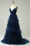 A Line Spaghetti stropper Navy Long Prom kjole med Ruffles