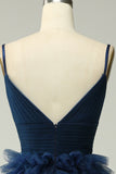 A Line Spaghetti stropper Navy Long Prom kjole med Ruffles