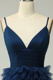 A Line Spaghetti stropper Navy Long Prom kjole med Ruffles