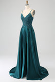 Peacock Green A-Line Spaghetti stropper Long Prom Dress med Slit