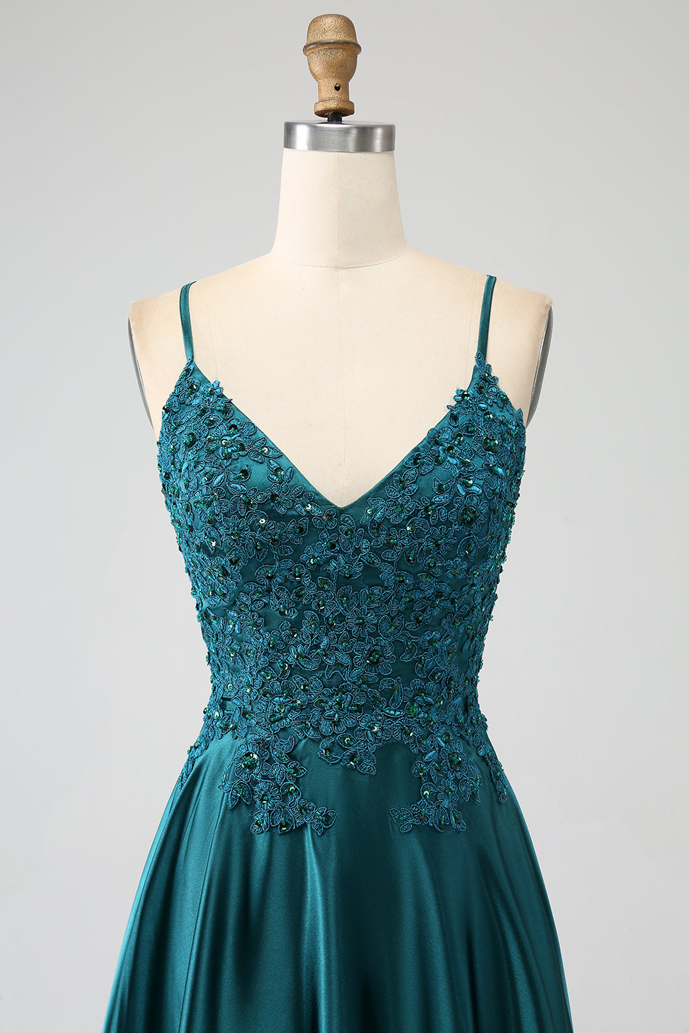 Peacock Green A-Line Spaghetti stropper Long Prom Dress med Slit