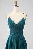 Peacock Green A-Line Spaghetti stropper Long Prom Dress med Slit