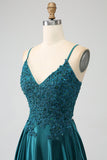 Peacock Green A-Line Spaghetti stropper Long Prom Dress med Slit