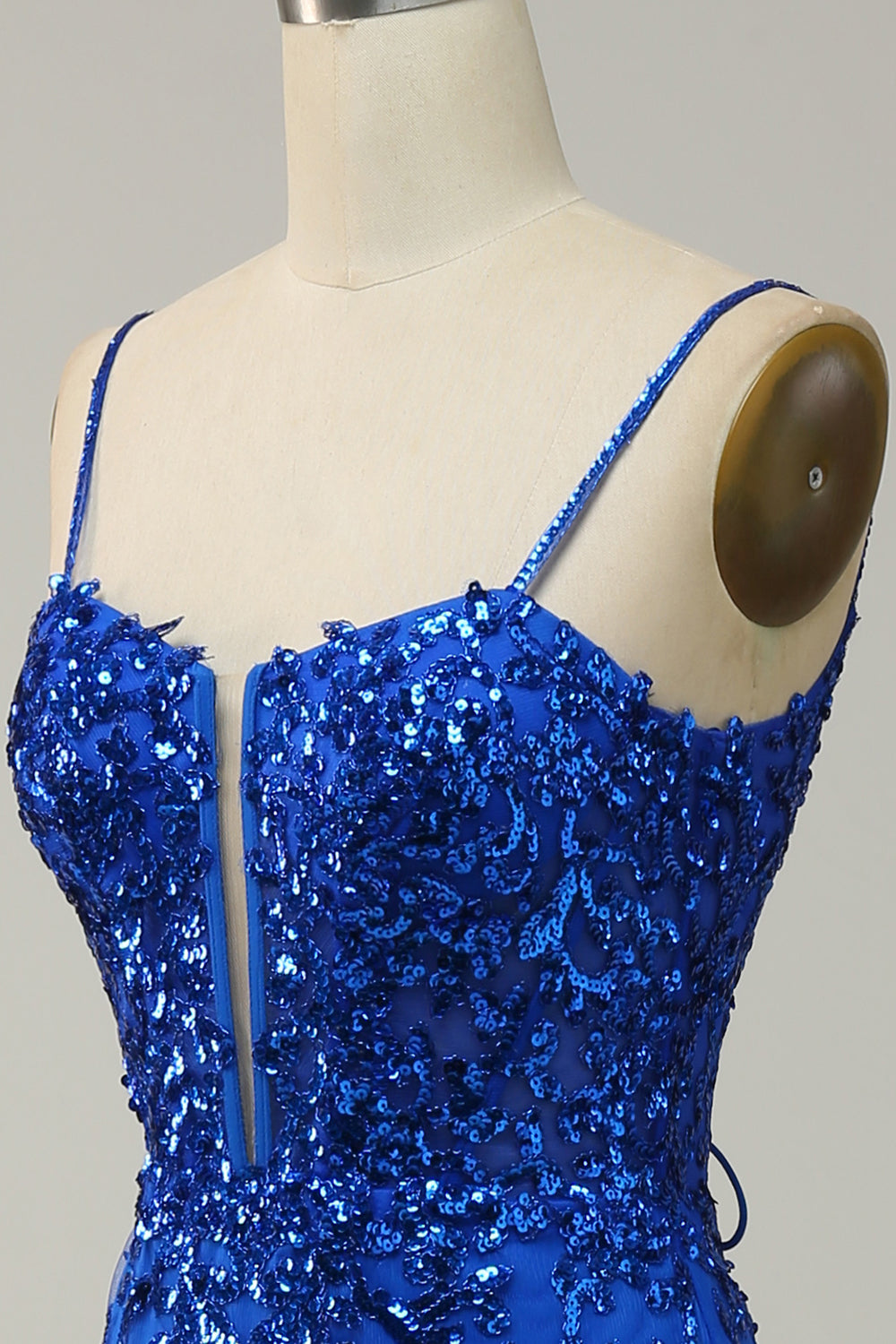 Havfrue Spaghetti stropper Royal Blue paljetter Long Prom kjole med delt front