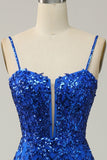 Havfrue Spaghetti stropper Royal Blue paljetter Long Prom kjole med delt front