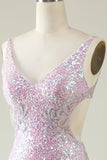 Slire V Neck Lilac Sequins Long Prom Kjole med Split Front