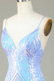Sparkly Sheath Spaghetti Stropper Blå paljetter Kort Homecoming Kjole med ryggløs