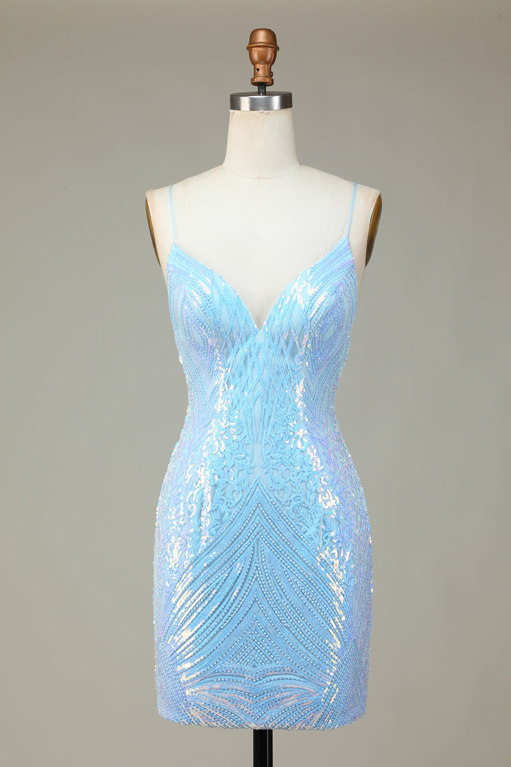 Sparkly Sheath Spaghetti Stropper Blå paljetter Kort Homecoming Kjole med ryggløs