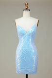 Sparkly Sheath Spaghetti Stropper Blå paljetter Kort Homecoming Kjole med ryggløs