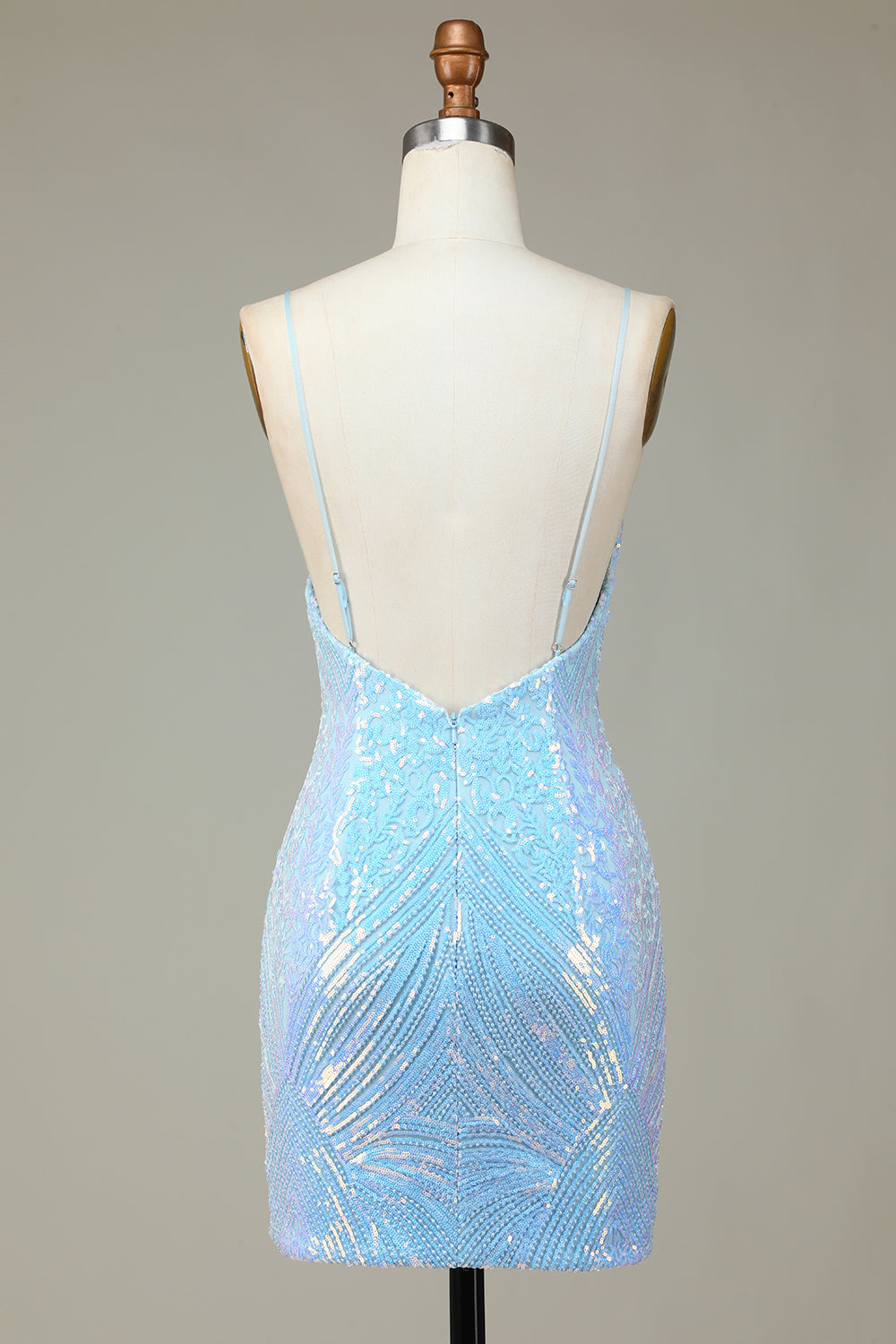Sparkly Sheath Spaghetti Stropper Blå paljetter Kort Homecoming Kjole med ryggløs