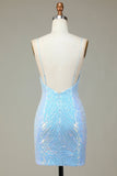 Sparkly Sheath Spaghetti Stropper Blå paljetter Kort Homecoming Kjole med ryggløs