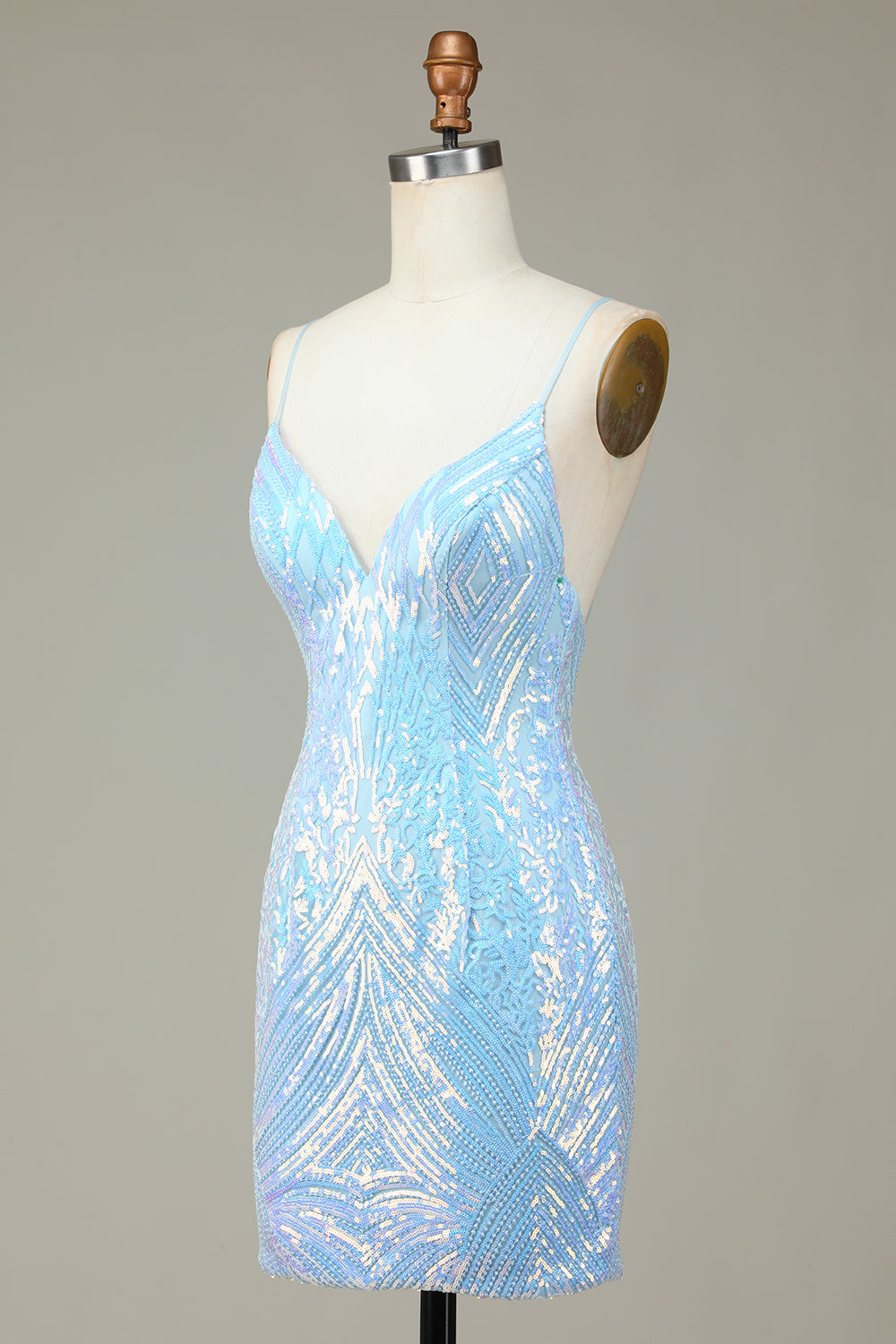 Sparkly Sheath Spaghetti Stropper Blå paljetter Kort Homecoming Kjole med ryggløs