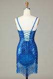 Slire Spaghetti stropper Peacockt Blue Sequins 1920-tallet Kjole med dusk