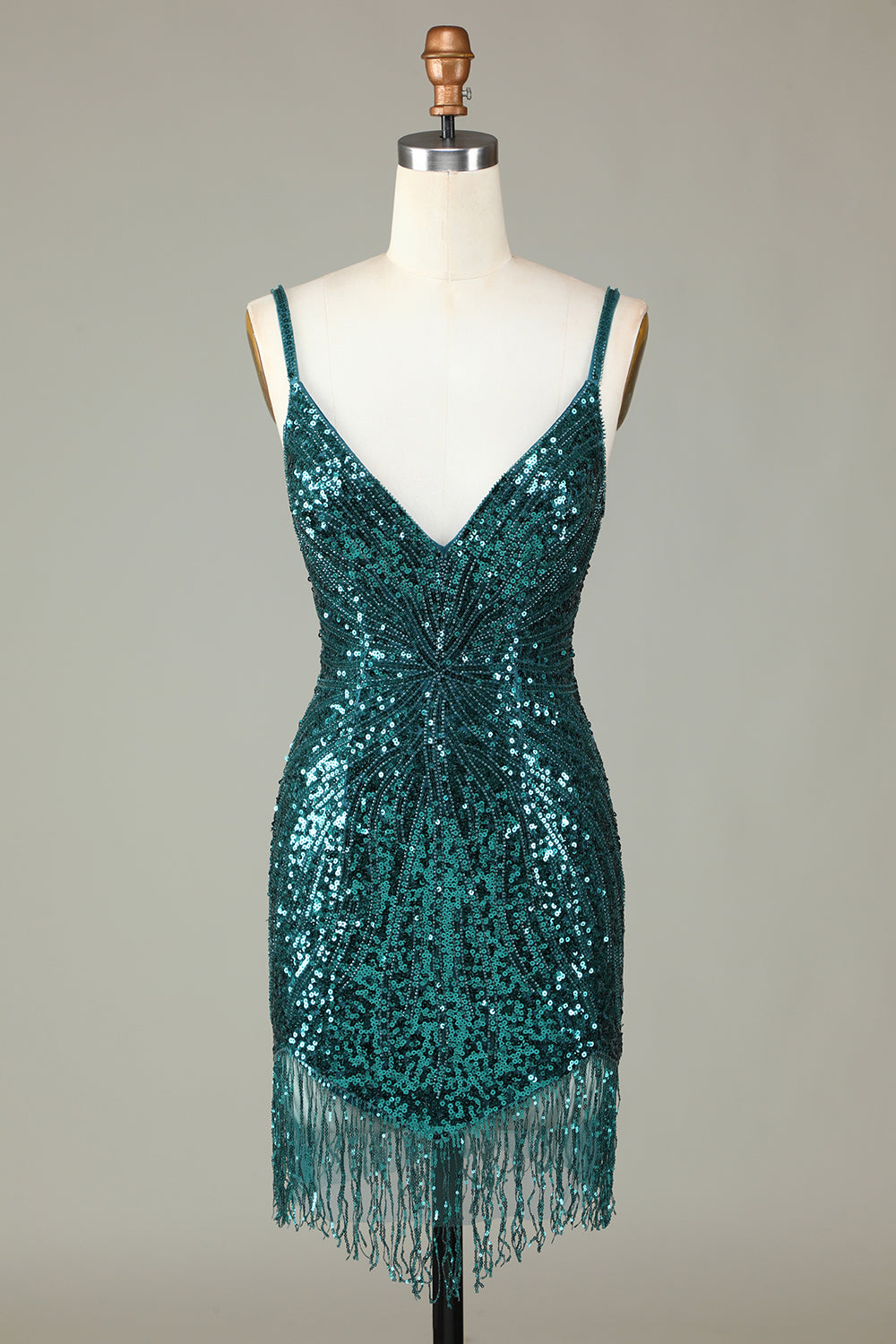 Sparkly Bodycon Spaghetti stropper Blå paljetter Kort Homecoming kjole med dusk