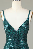 Sparkly Bodycon Spaghetti stropper Blå paljetter Kort Homecoming kjole med dusk