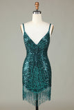 Sparkly Bodycon Spaghetti stropper Grønn Lace-Up Back Kort Homecoming kjole med perler