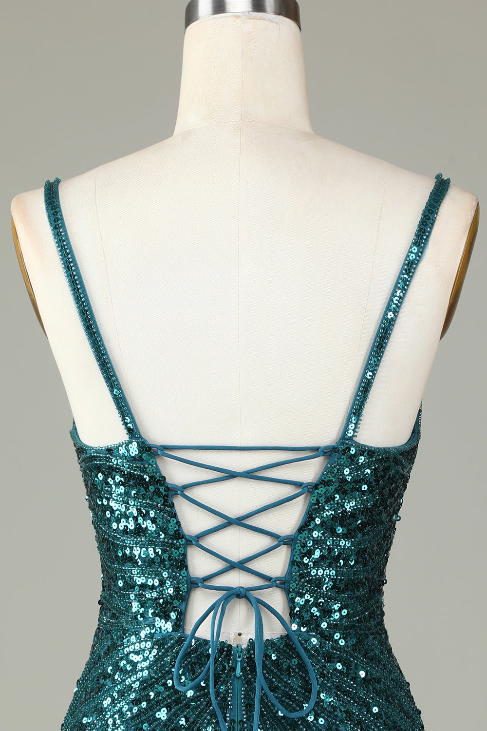 Sparkly Bodycon Spaghetti stropper Grønn Lace-Up Back Kort Homecoming kjole med perler