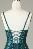 Sparkly Bodycon Spaghetti stropper Grønn Lace-Up Back Kort Homecoming kjole med perler