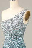 Sparkly Bodycon Spaghetti stropper Blå paljetter Kort Homecoming kjole med dusk