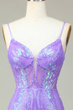 Stilig Bodycon Spaghetti stropper Lilac Sequins Korsett Homecoming kjole med Criss Cross Back