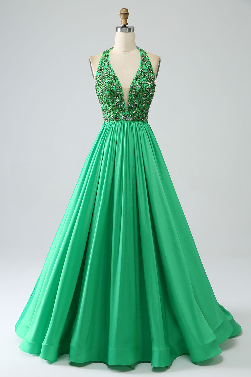Satin Green Halter Prom kjole med perler