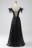 A-Line Cold Shoulder Sequins Long Prom Dress med Slit
