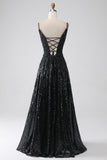 A-Line Cold Shoulder Sequins Long Prom Dress med Slit