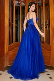 Royal Blue A-Line Sweetheart Long Beaded Prom kjole med tilbehør