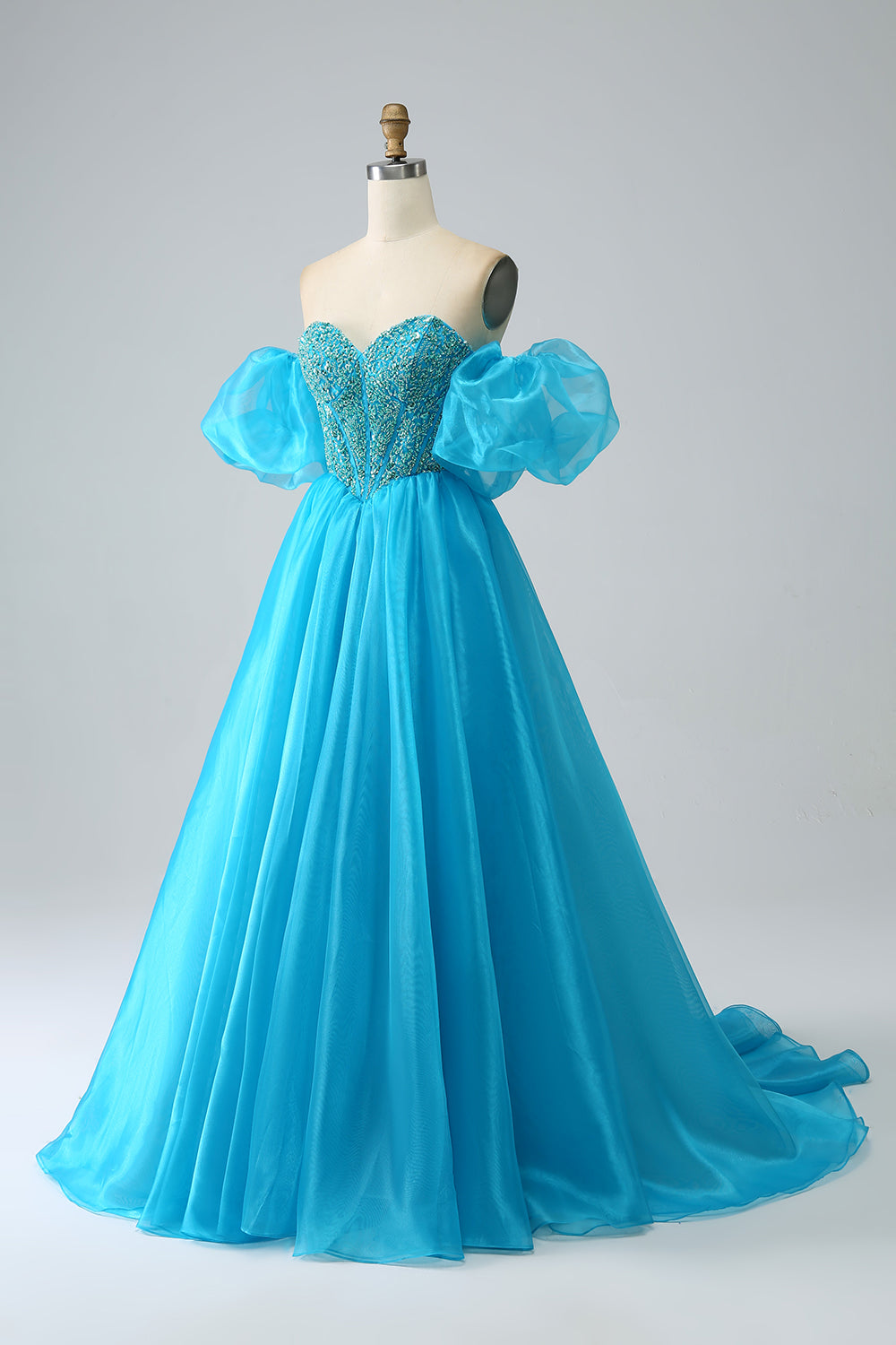 Blå Beaded Corset Prom kjole med avtakbare ermer