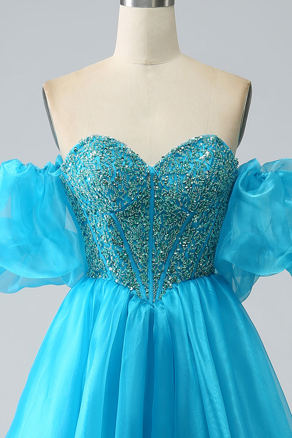 Blå Beaded Corset Prom kjole med avtakbare ermer