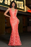 Sjarmerende Coral Mermaid Deep V Neck Sparkly Sequin Prom kjole med tilbehør