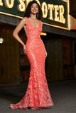 Sjarmerende Coral Mermaid Deep V Neck Sparkly Sequin Prom kjole med tilbehør