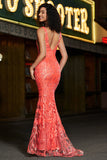 Sjarmerende Coral Mermaid Deep V Neck Sparkly Sequin Prom kjole med tilbehør