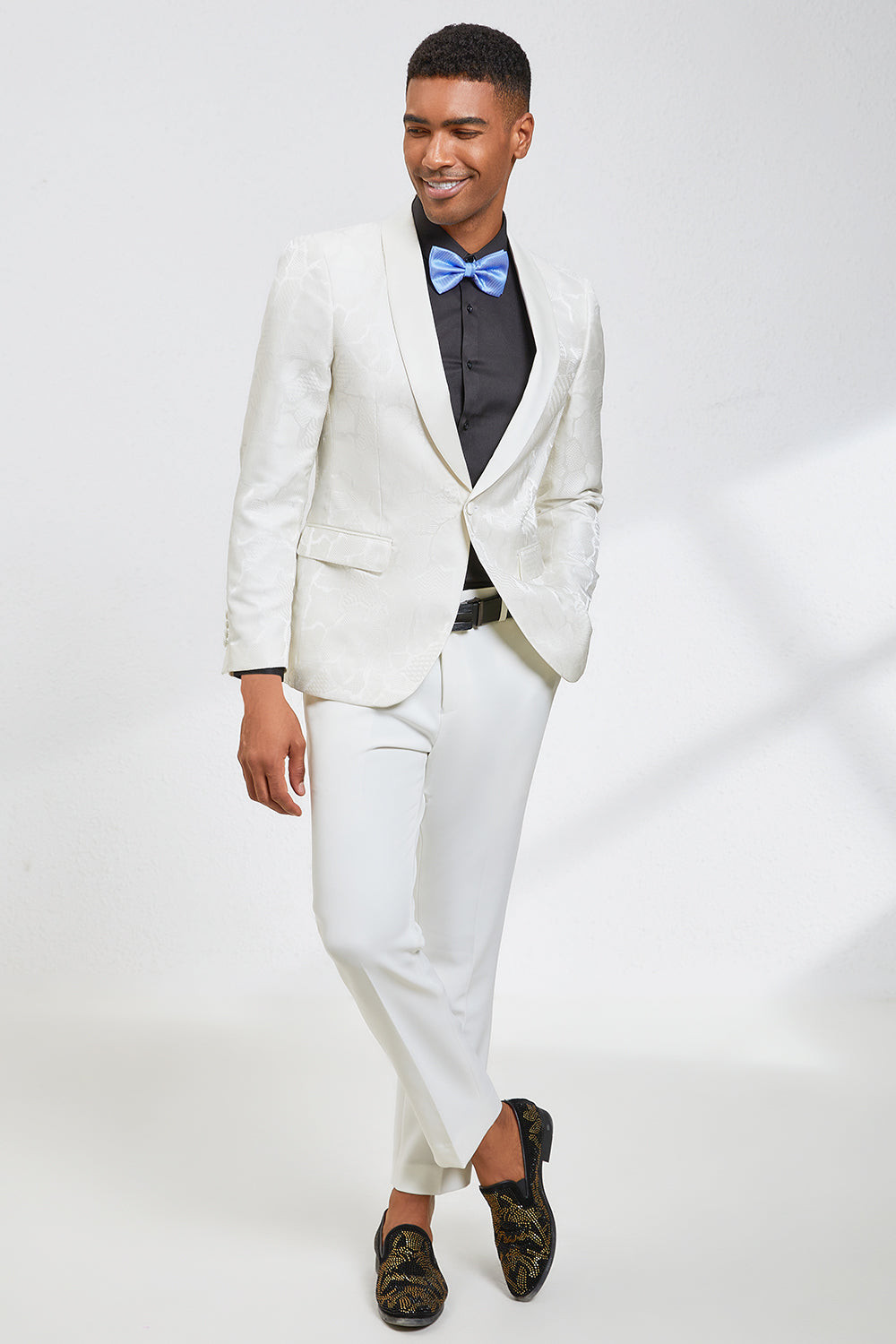 Hvit Jacquard Sjal Lapel 2 Piece Prom Homecoming Suits