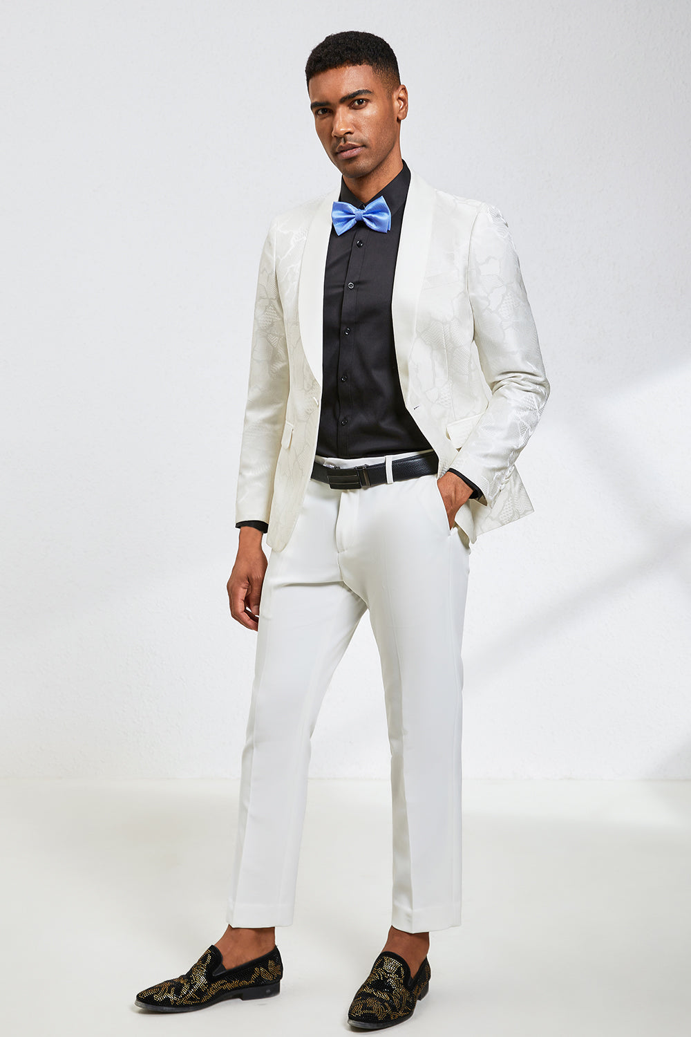 Hvit Jacquard Sjal Lapel 2 Piece Prom Homecoming Suits