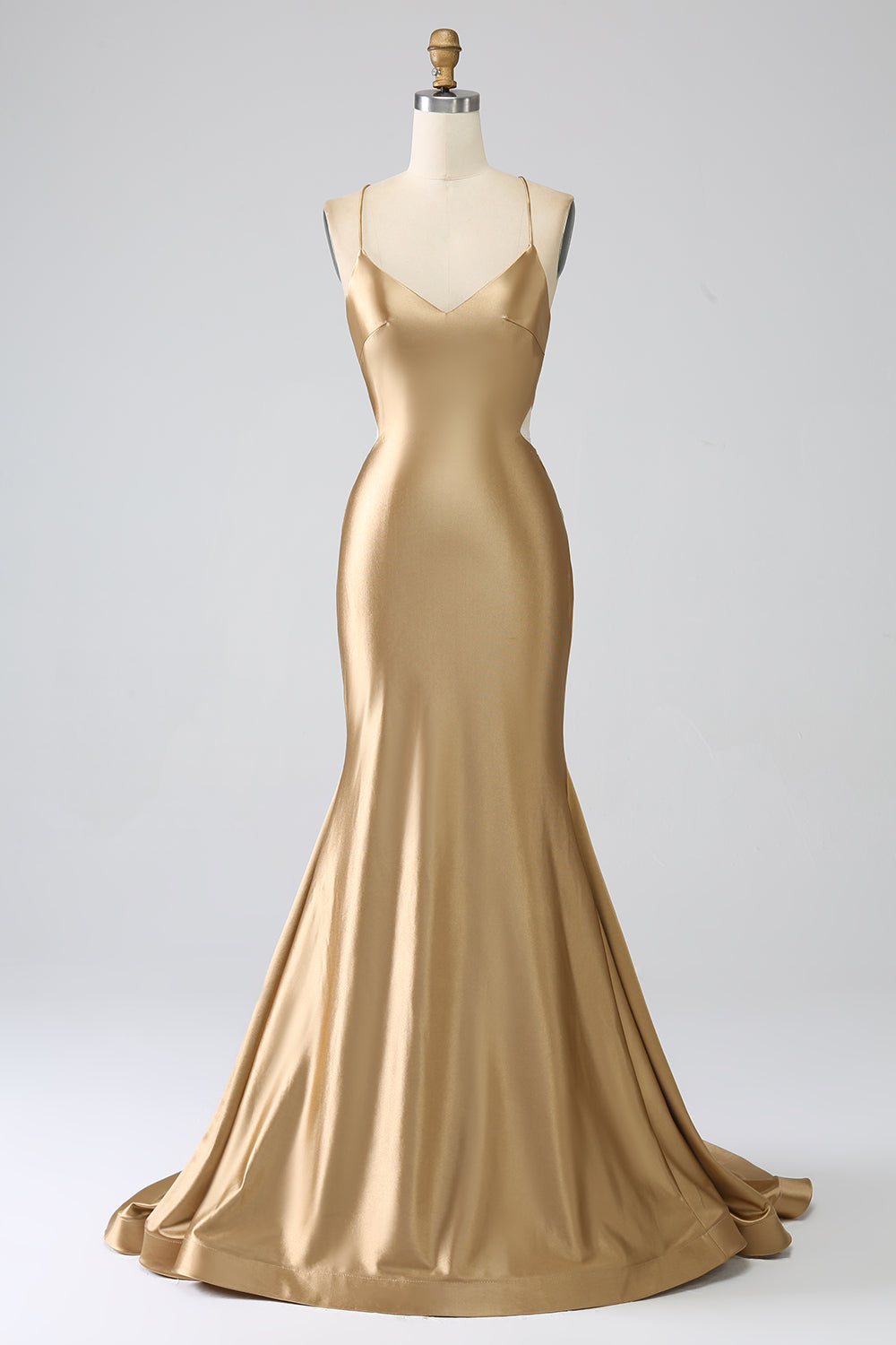 Golden Mermaid Spaghetti stropper Satin Long Prom Kjole med snøre-up Back