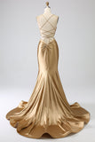 Golden Mermaid Spaghetti stropper Satin Long Prom Kjole med snøre-up Back