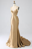 Golden Mermaid Spaghetti stropper Satin Long Prom Kjole med snøre-up Back