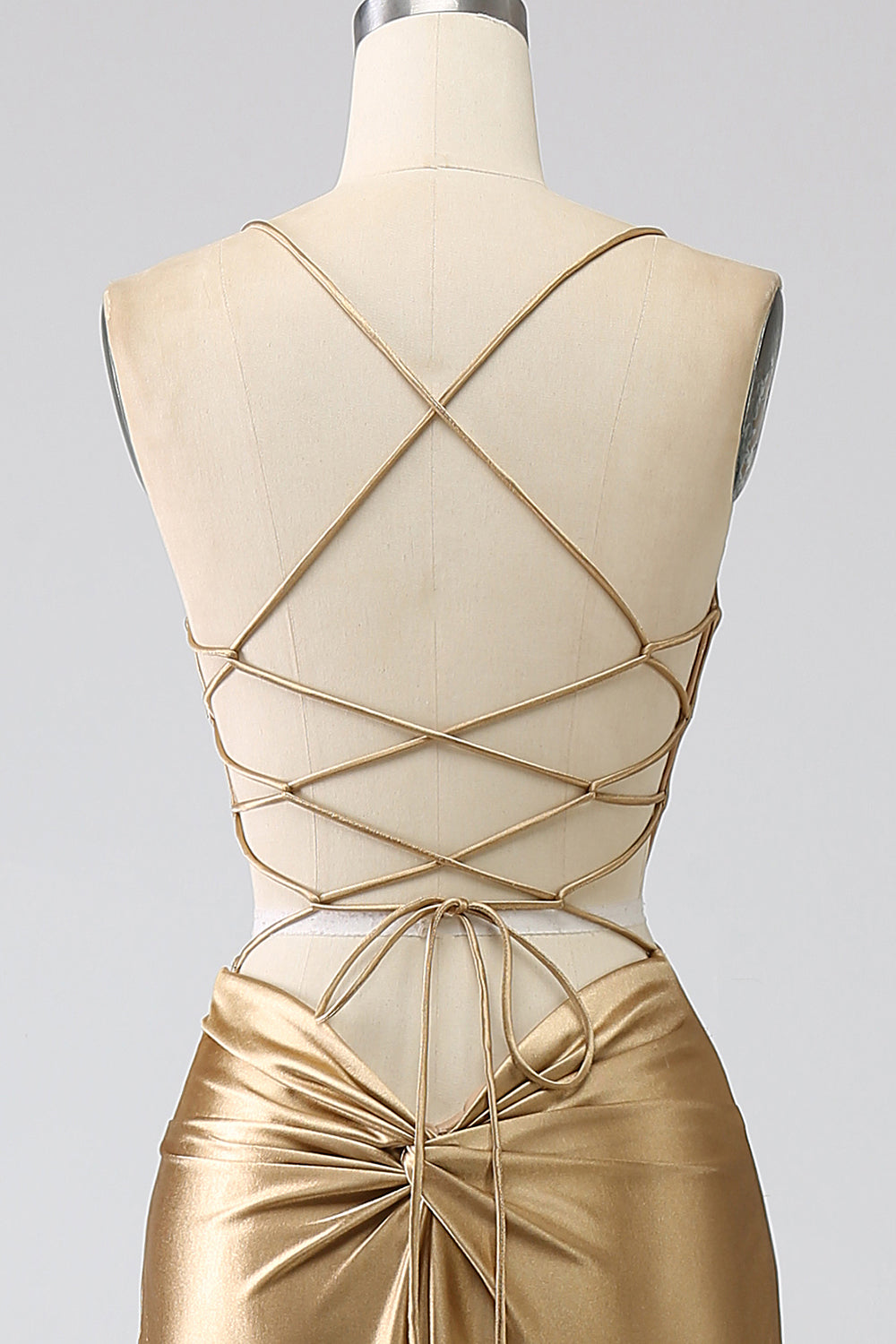Golden Mermaid Spaghetti stropper Satin Long Prom Kjole med snøre-up Back